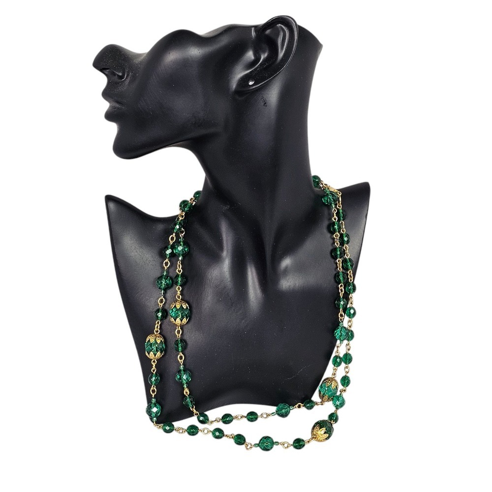 Emerald Green Glass Beaded Necklace Gold Accents Elegant Jewelry Statement Piece